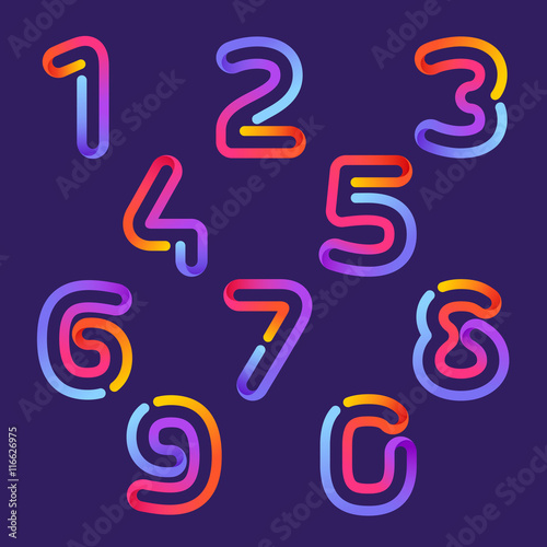 Numbers set logos formed by colorful neon line.