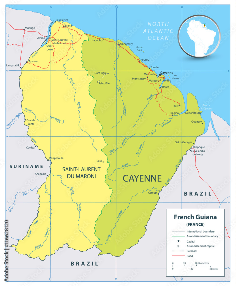 Fototapeta premium French Guiana political map with roads and rivers