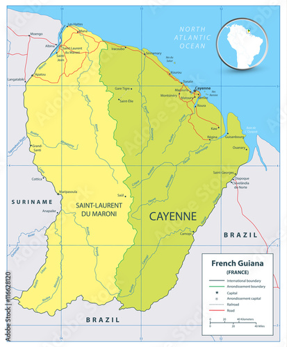 French Guiana political map with roads and rivers