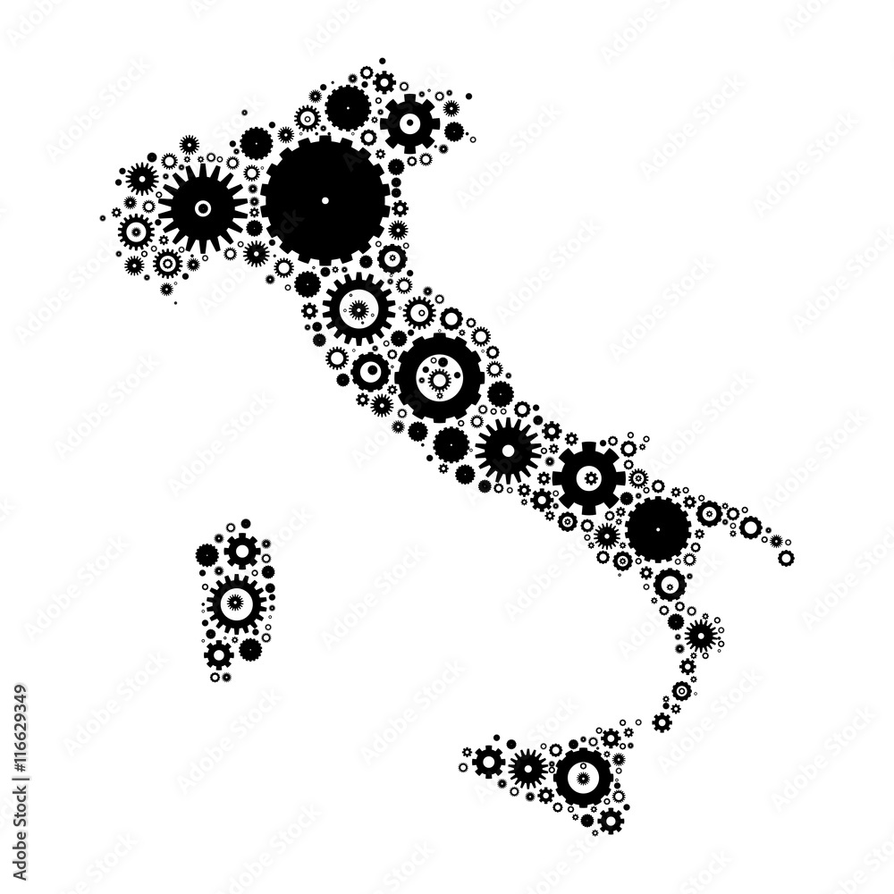 Italy map silhouette mosaic of cogs and gears. Black vector illustration on white background. Italy map silhouette mosaic of cogs and gears. Black vector illustration on white background.