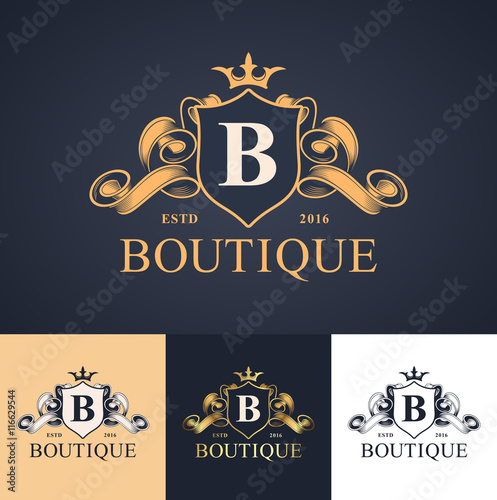 elegant luxury monogram logo or badge template with scrolls and royal crown - perfect for luxurious branding projects