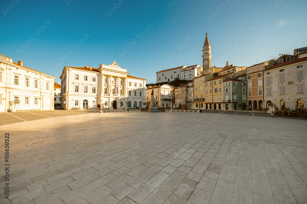 Tartini main square in Piran town at the morning in Slovenia