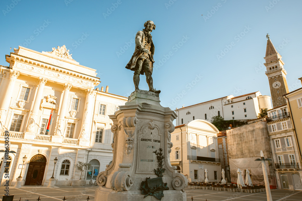 Famouse violinist and composer Giuseppe Tartini monument on the main square in Piran town in Slovenia