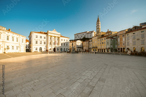 Tartini main square in Piran town at the morning in Slovenia