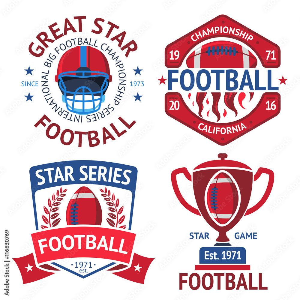 Set of american football rugby labels with ball, burning , helmet, winner bowl. Vector