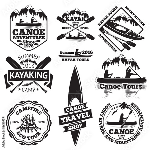 Set of canoe and kayak labels. Two man in a boat, boats  oars, mountains, campfire, forest, tours, kayaking, travel shop. Vector