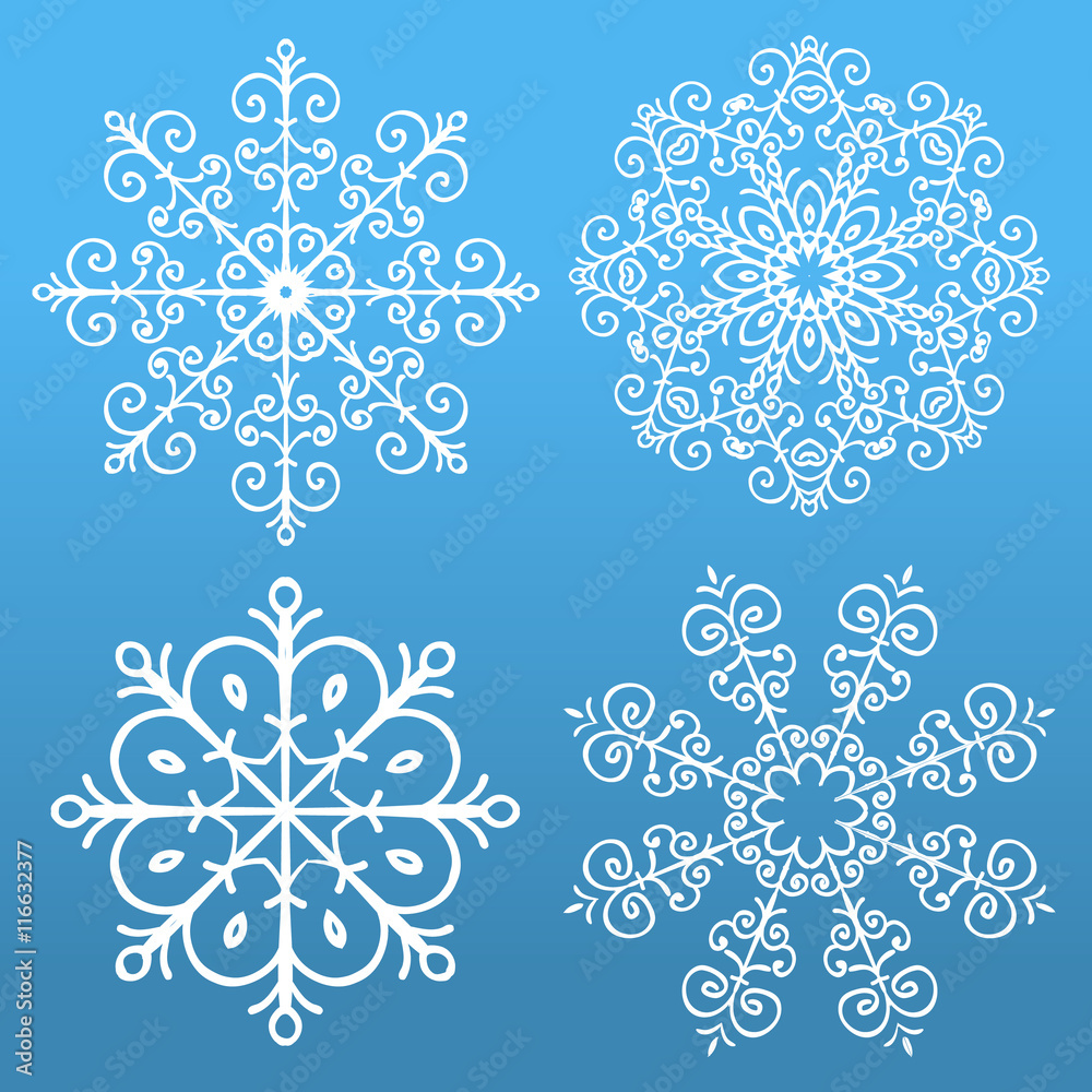 Set of 4 snowflakes on blue background. Set of 4 snowflakes on blue background.