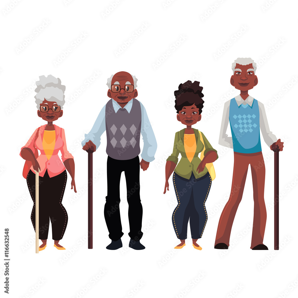 African American old men and woman cartoon style vector illustration  isolated on white background. Set of full length male and female portraits  of black senior citizens pensioners elder people Stock Vector |