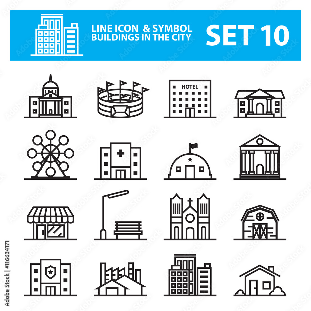 Buildings city line icon vector set