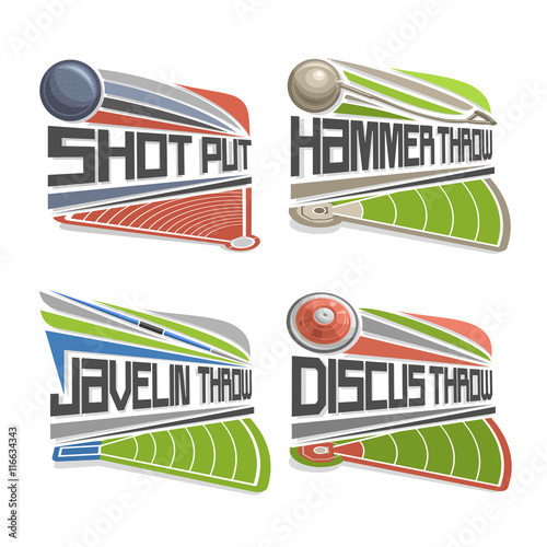 Vector logo for Athletics Field, consisting of abstract discus throw, shot put, throwing hammer, javelin. Track and field stadium equipment for atletica championship summer games arena