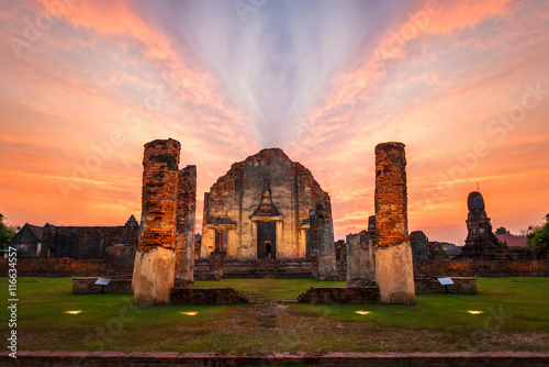 Beautiful sunset view of ancient temple in Lopburi , Thailand