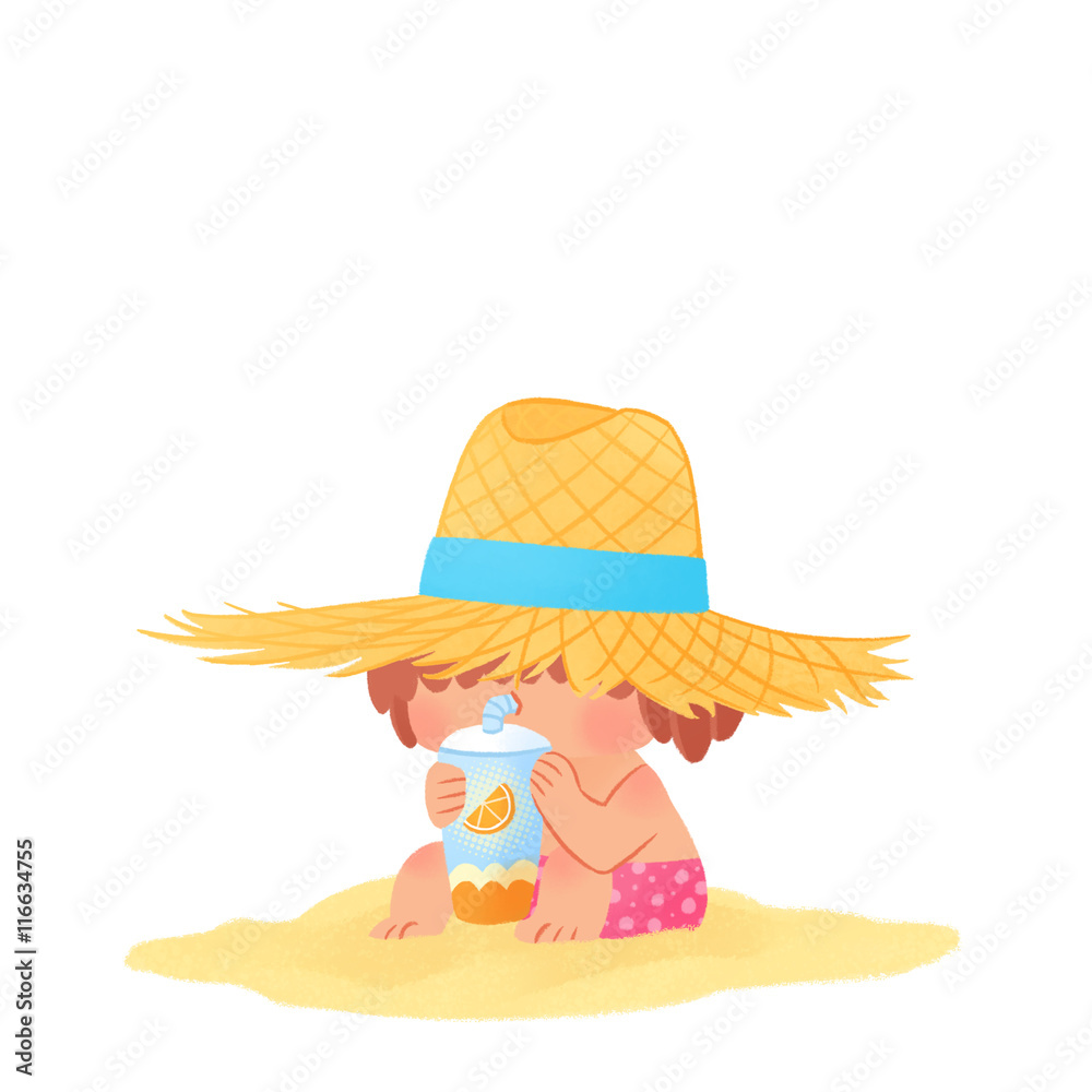 Niño o niña con sombrero de paja bebiendo zumo en la playa Stock  Illustration | Adobe Stock