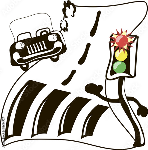 Shining traffic light and car in road. Cartoon vector illustration