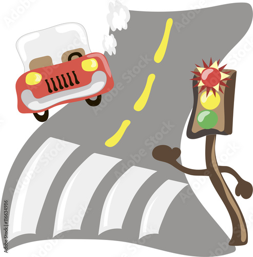 Shining traffic light and car in road. Cartoon vector illustration