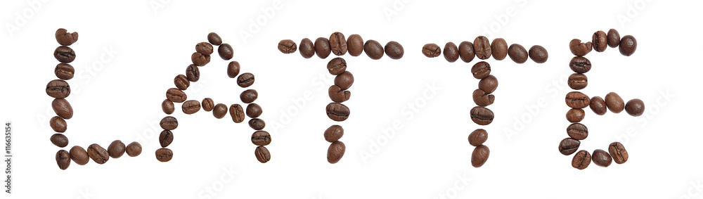 Isolated Word 'LATTE' make from coffee bean on white background