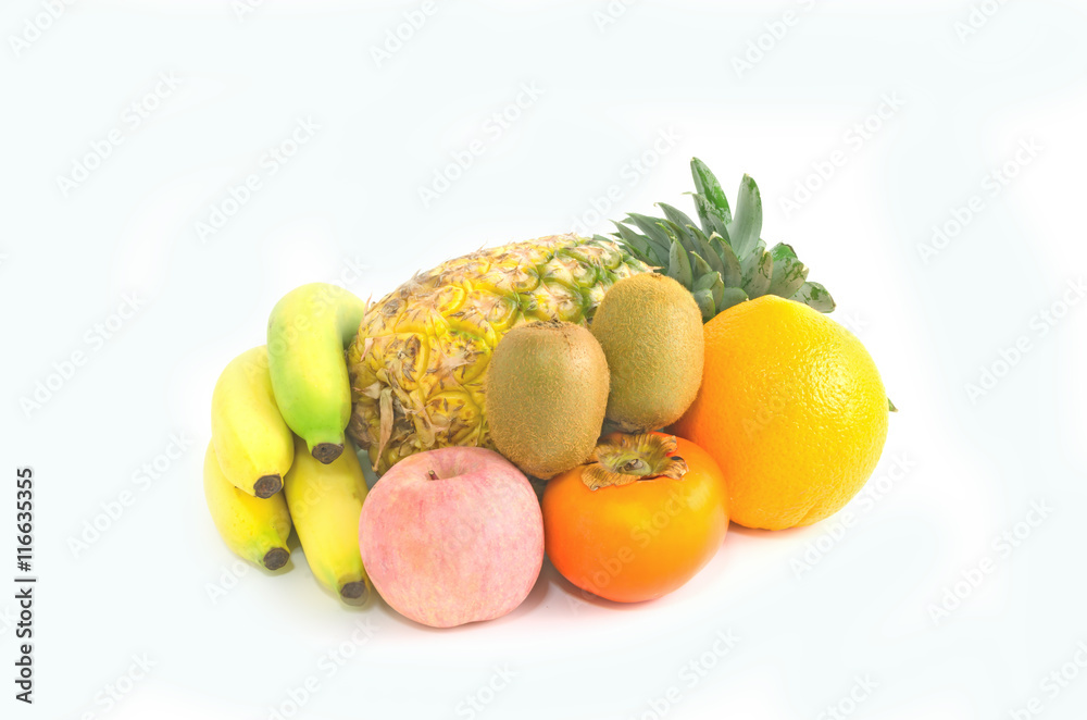 ripe pineapple, apple,orange, persimmon, kiwi, banana on white background ripe pineapple, apple,orange, persimmon, kiwi, banana on white background