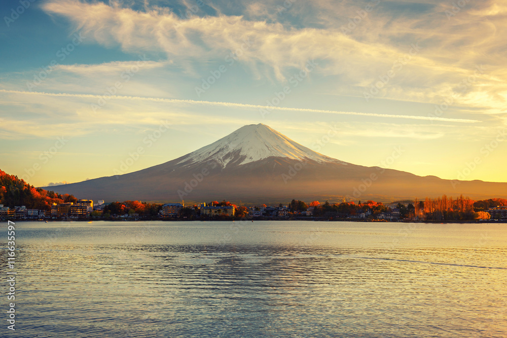Mount fuji reflection at Lake kawaguchiko. mt.fujisan in vintage