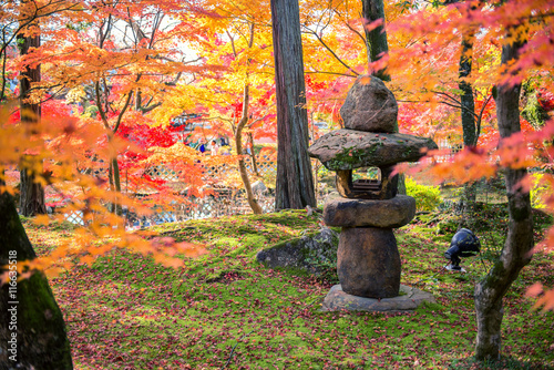 A Stone Lantern And The Japanese Garden With Maple in autumn sea