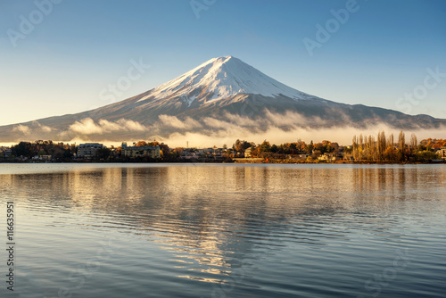beautiful landscape view of Fuji mountain in morning and mist wi