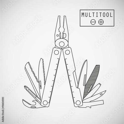 Multifunctional tool, typically in the form of hollow folding pliers handles which are hidden. Vector. Isolated