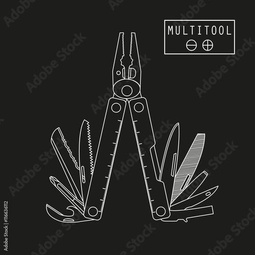 Multifunctional tool, typically in the form of hollow folding pliers handles which are hidden. Vector. Isolated