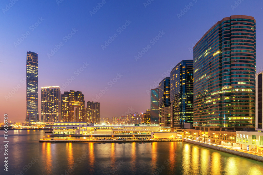 Beautiful Building in Hong Kong at night and Victoria Harbor vie Beautiful Building in Hong Kong at night and Victoria Harbor vie
