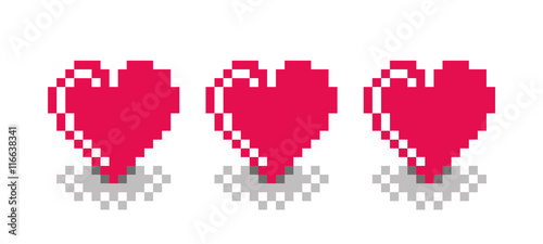 Pixel Heart casting shadow, pixelated illustration. - Stock vector