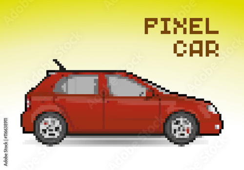 Red pixel car, pixelated illustration. - Stock vector