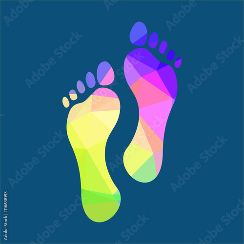 Multicolored polygonal footprints on a dark background, flat illustration. - stock vector