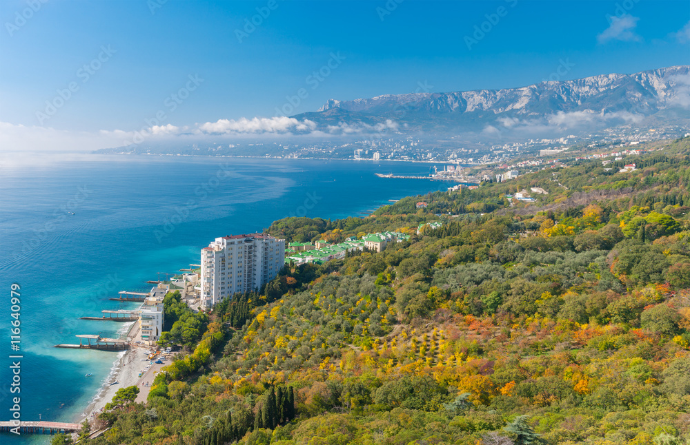 Autumnal landscape on a Black Sea shore near Yalta city, Crimean peninsula