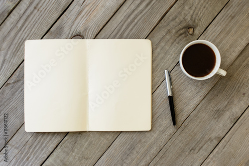 Open Notebook With Blank Pages, Pen And Cup Of Coffee