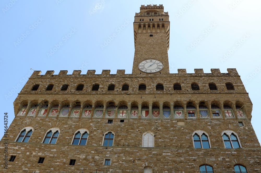 Upwards view to Palazzo Vecchio at Piazza della Signoria in Florence Italy