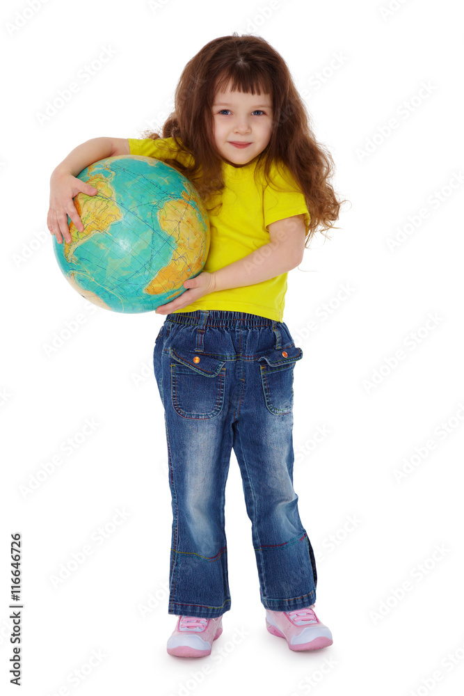 Little girl holding globe isolated on white Little girl holding globe isolated on white