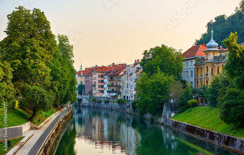 The old houses on the river bank early morning. Ljubljana, Slovenia © truba71