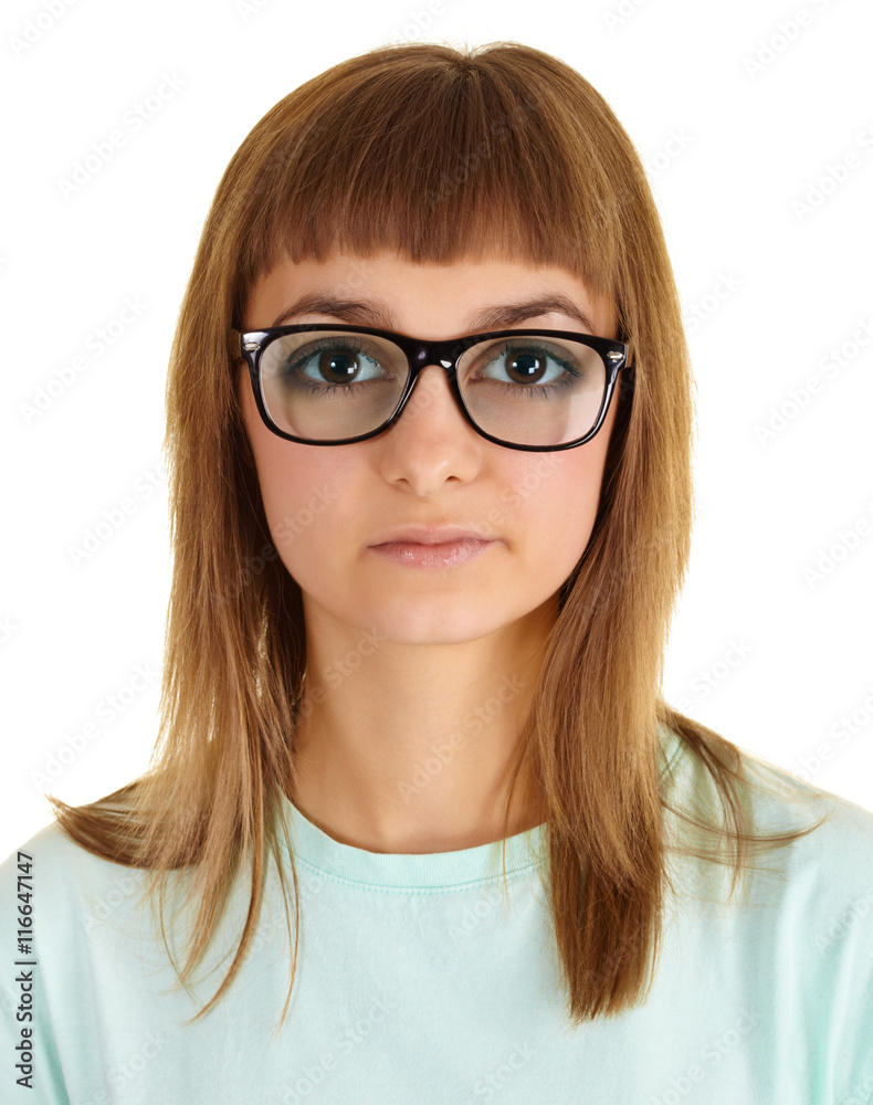 Funny girl in very strong glasses