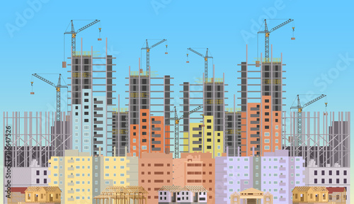 Building city under construction website with tower cranes. Constructions infographics template design.