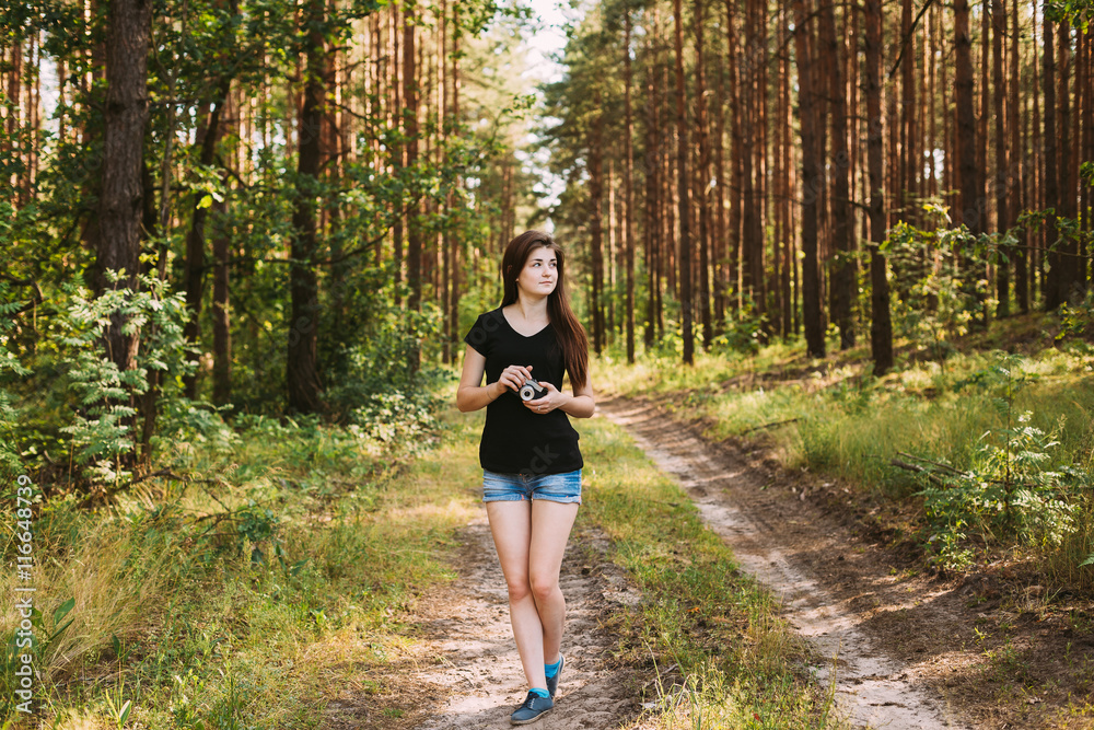Happy Red-haired Caucasian Girl Young Woman Photographer Taking Happy Red-haired Caucasian Girl Young Woman Photographer Taking