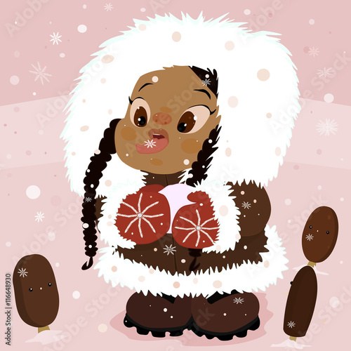 Cute Little Inuit Girl Catching Snow on Tongue Surrounded by Ice Cream Bars