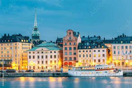 Scenic View Of Embankment In Old Part Of Stockholm At Summer Evening