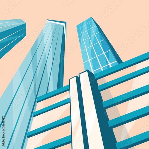 Skyscrapers in the city. Bottom view. Cartoon vector illustration