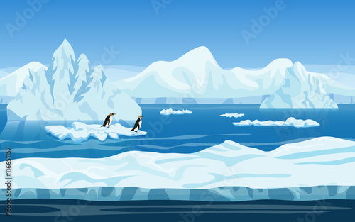 Photo Cartoon nature winter arctic ice landscape with iceberg, snow mountains hills and penguins