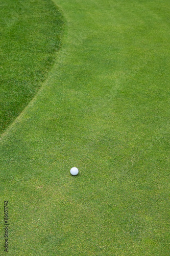 Golf ball on a green next to the fringe
