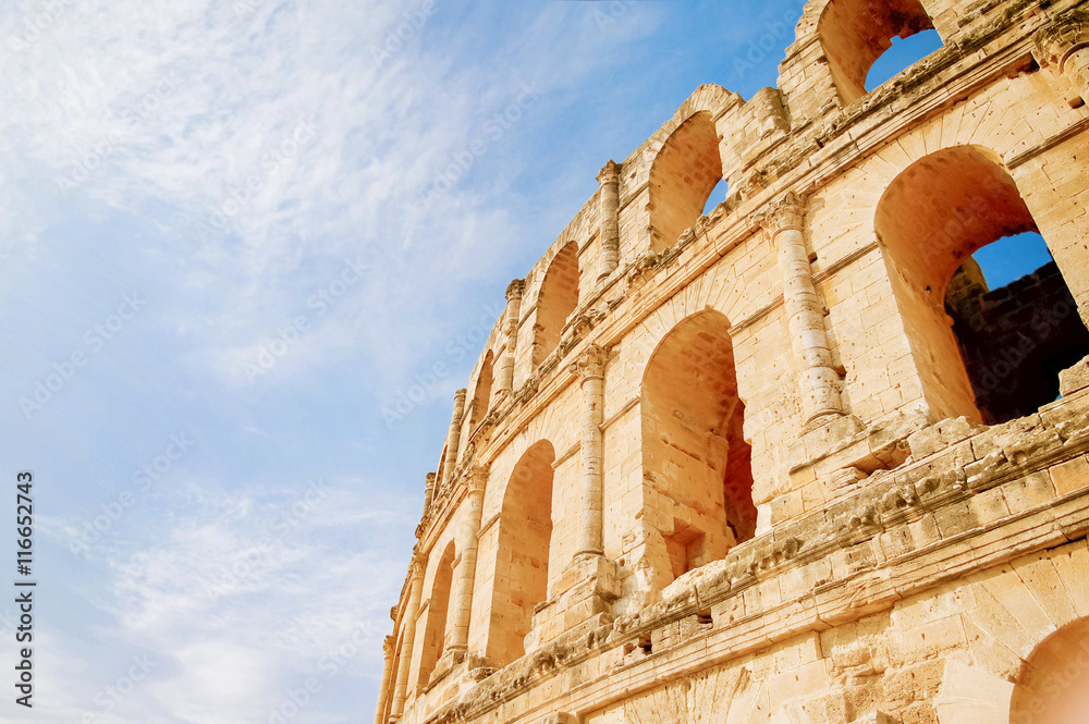 El Djem amphitheatre, the most impressive Roman remains in Africa. Mahdia, Tunisia. UNESCO World Heritage Site.