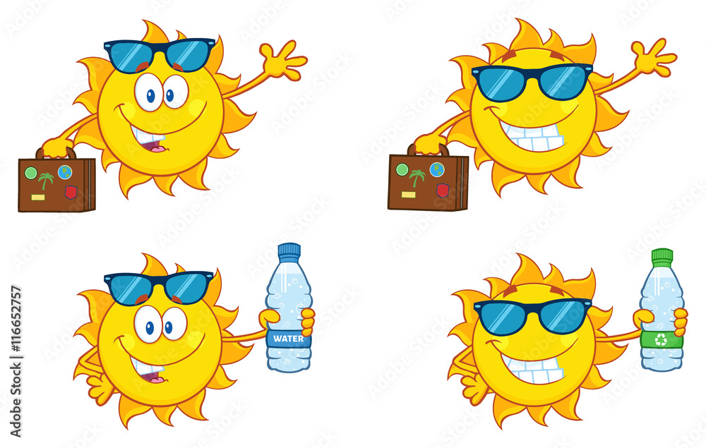Sun Cartoon Mascot Character 25. Set Collection Isolated On White Background Sun Cartoon Mascot Character 25. Set Collection Isolated On White Background