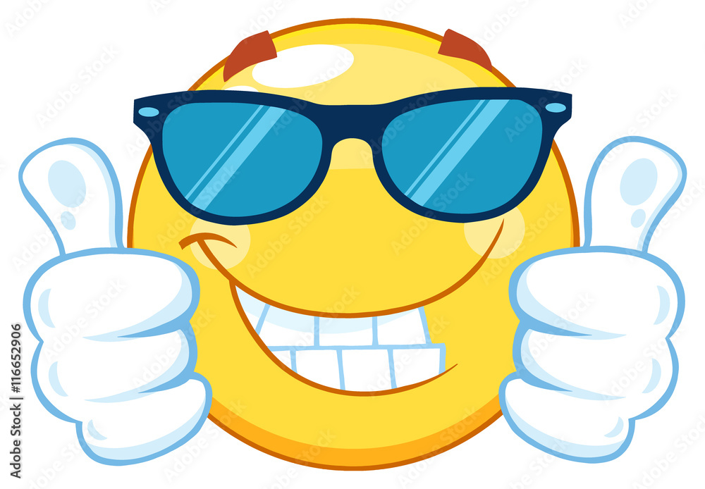 Smiling Yellow Emoticon Cartoon Mascot Character With Sunglasses Giving Two Thumbs Up