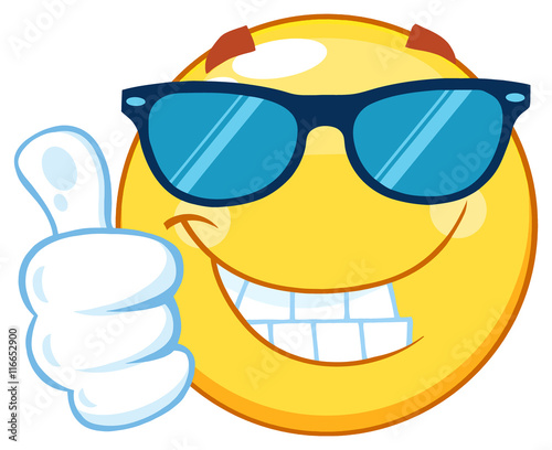 Smiling Yellow Emoticon Cartoon Mascot Character With Sunglasses Giving A Thumb Up