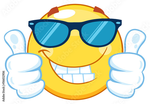 Smiling Yellow Emoticon Cartoon Mascot Character With Sunglasses Giving Two Thumbs Up