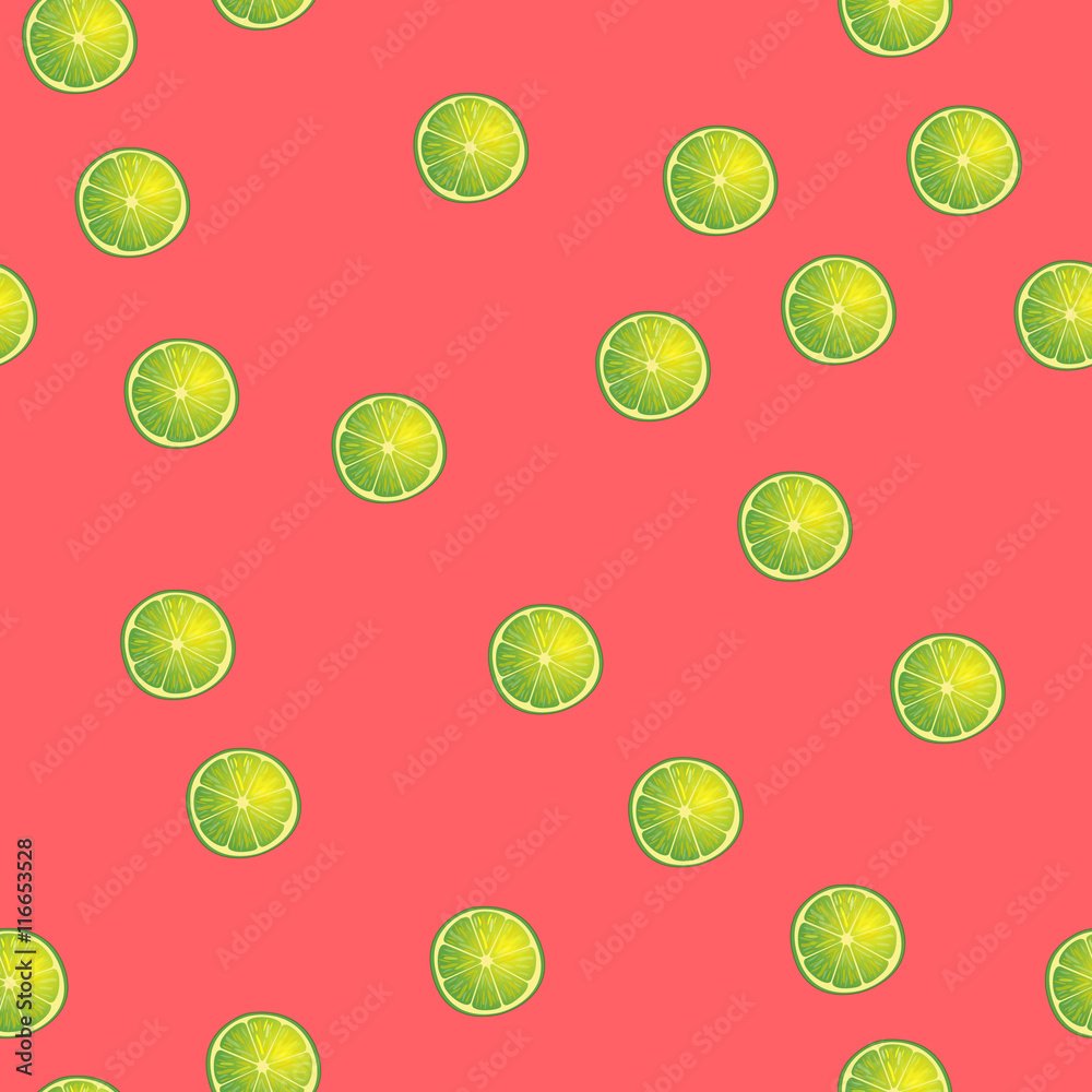 Vector illustration of lime slices in same angles on red. Pattern.