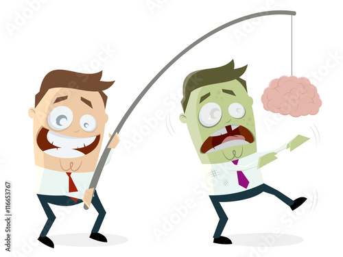 businessman luring zombie with brain on a rod