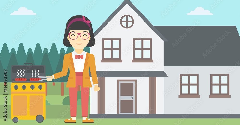 Woman cooking meat on gas barbecue grill.